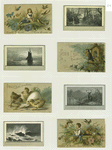 Trade cards depicting sailboats, a deer, flowers, ocean waves, chicks, birds, a birdhouse, a girl feeding birds, a bee, a butterfly and a stream in a forest ; Versos depicting coins.