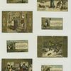 Trade cards depicting a cat playing the fiddle, a cow jumping over the moon, a dog, dish, spoon, window, hay bale, seesaw, and African Americans : in the snow, chopping wood, chasing a rabbit, throwing a rat out, bringing home a turkey.