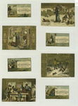 Trade cards depicting a cat playing the fiddle, a cow jumping over the moon, a dog, dish, spoon, window, hay bale, seesaw, and African Americans : in the snow, chopping wood, chasing a rabbit, throwing a rat out, bringing home a turkey.