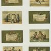 Trade cards depicting flowers, cupids, children with large jars of meat : eating on a tightrope, being served by a woman, and on a rock in the ocean.