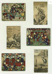 Trade cards depicting men climbing a mountain, a boy playing cricket, ducks reclaiming eggs from a boy ; Cards depicting Asians : acrobats, giving gifts, playing music, an audience holding fans.