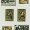 Trade cards depicting flowers, fish, ships, a couple riding horses, moonlit Pompeii, columns, frogs dressed in clothes with a cane and gun.