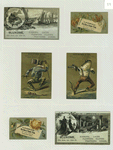 Trade cards depicting flowers, fish, ships, a couple riding horses, moonlit Pompeii, columns, frogs dressed in clothes with a cane and gun.