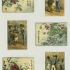 Trade cards depicting characters, insects, birds, flowers, trees, sailors, a woman selling goods and courtship.