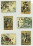 Trade cards depicting characters, insects, birds, flowers, trees, sailors, a woman selling goods and courtship.