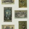 Trade cards depicting St. Peter's Cathedral, Leaning Tower of Pisa, Cathedral at Milan, a boy with a gun walking on stilts in a marsh, a boy drinking champagne, a castle and frogs.