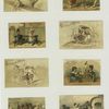 Trade cards depicting children taking a nest of birds out of a tree, taking a photograph, knitting, painting a dog, angels in winter clothing, a dog catching a rodent, puppies and courtship ; versos depict wringers.