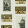 Trade cards depicting a juggler, jump roping, a ring, women, a mill, grazing animals, boys pulling an angel in a carriage, an owl and a nest of chicks.