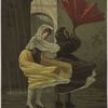 Print depicting women in a windy rainstorm with an umbrella blown inside out