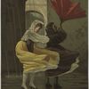 Print depicting women in a windy rainstorm with an umbrella blown inside out