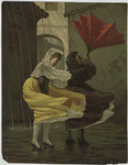 Print depicting women in a windy rainstorm with an umbrella blown inside out
