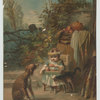 Print depicting a child eating outside with a dog and cat