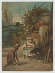 Print depicting a child eating outside with a dog and cat