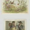 Trade cards depicting a field, flowers, birds, a butterfly and men making wine.