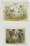 Trade cards depicting a field, flowers, birds, a butterfly and men making wine.