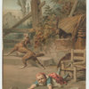 A child falling, spilling her food and a dog and cat running away