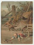 A child falling, spilling her food and a dog and cat running away