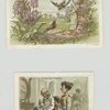 [Trade cards depicting birds, flowers, a stone fence with decorative columns, a barbershop, scissors and hair.]