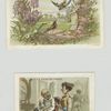 Trade cards depicting birds, flowers, a stone fence with decorative columns, a barbershop, scissors and hair.