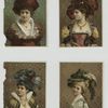 Prints depicting portraits of woman wearing feather hats, jewelry and dresses, standing in front of wallpaper.]