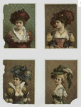 Prints depicting portraits of woman wearing feather hats, jewelry and dresses, standing in front of wallpaper.
