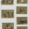 Miniature boys sleeping, examining a mouth with a telescope, playing with dice, playing cards and a pool table.