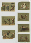 Miniature boys sleeping, examining a mouth with a telescope, playing with dice, playing cards and a pool table.