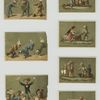 Miniature children playing with dominoes and chess pieces ; children : playing checkers, with mirrors and falling while sitting in chairs.