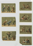 Miniature children playing with dominoes and chess pieces ; children : playing checkers, with mirrors and falling while sitting in chairs.