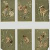 [Trade cards depicting cherubs dusting flowers, painting flowers, climbing into a flower, catching bees and watering plants.]