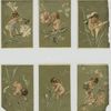 Trade cards depicting cherubs dusting flowers, painting flowers, climbing into a flower, catching bees and watering plants.