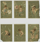 Trade cards depicting cherubs dusting flowers, painting flowers, climbing into a flower, catching bees and watering plants.