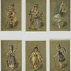 Cards depicting women dressed in jewels : ruby, sapphire, emerald, turquoise, topaz and amethyst.