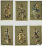 Cards depicting women dressed in jewels : ruby, sapphire, emerald, turquoise, topaz and amethyst.