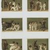 Cards depicting boys in jester suits pestering their teacher : throwing paper airplanes, squirting water, tripping him, singing badly, riding a paper horse and putting a mask on his back as he reprimands.