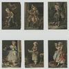 Cards depicting men : carrying a wooden backpack and a marionette, sitting on the back of a wagon and lighting a pipe, with his dog hunting, skinning a bird; depicting women : dusting and breaking a lamp and looking into an envelope while sweeping.