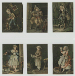 Cards depicting men : carrying a wooden backpack and a marionette, sitting on the back of a wagon and lighting a pipe, with his dog hunting, skinning a bird; depicting women : dusting and breaking a lamp and looking into an envelope while sweeping.