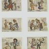 Cards with musical notation depicting people working in the streets : a family singing, a woman with vegetables, a man polishing shoes, a woman selling flowers, men holding out their hats, a man carrying buckets of milk and a man dropping a tray of food.