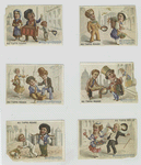Cards with musical notation depicting people working in the streets : a family singing, a woman with vegetables, a man polishing shoes, a woman selling flowers, men holding out their hats, a man carrying buckets of milk and a man dropping a tray of food.