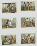 Cards depicting courtship a man playing the lute, women using parasols and hand holding.