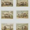 Trade cards depicting children : pulling a boat in, painting, walking, playing a game with balls and archery.