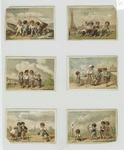 Trade cards depicting children : pulling a boat in, painting, walking, playing a game with balls and archery.