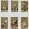Trade cards depicting men : holding a duck, playing with puppets, with a parasol and cane, playing a brass instrument, on a horse replica and holding a sign.