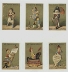 Trade cards depicting men : holding a duck, playing with puppets, with a parasol and cane, playing a brass instrument, on a horse replica and holding a sign.
