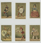 Trade cards depicting men : playing a lute with a potted plant on his head, playing a drum, instructing trained mice, with a drum and monkey, with a fan and butterflies, singing in a clowns suit.