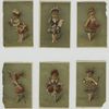Women in dresses made from flowers and fruit : raspberries, pineapple, cherries and grapes.