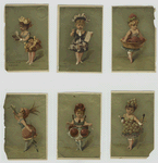 Women in dresses made from flowers and fruit : raspberries, pineapple, cherries and grapes.