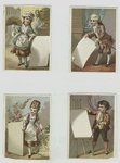 Cards depicting large blank sheets of paper, an easel, men, women, a fan and curtains.