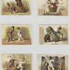 Cards depicting a mask, hot air ballooning, a man dropping a casket on a bear and a jester performing the following acts on men : cutting the tails of a coat, cutting off a head and pulling off a wig.