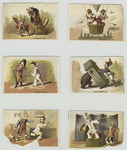 Cards depicting a mask, hot air ballooning, a man dropping a casket on a bear and a jester performing the following acts on men : cutting the tails of a coat, cutting off a head and pulling off a wig.